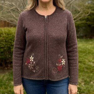 PENMAN'S | Brown & Floral Embroidered Knit Zipup Sweater - Medium